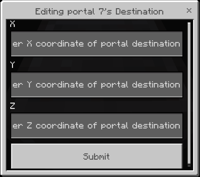 Меню выбора координат