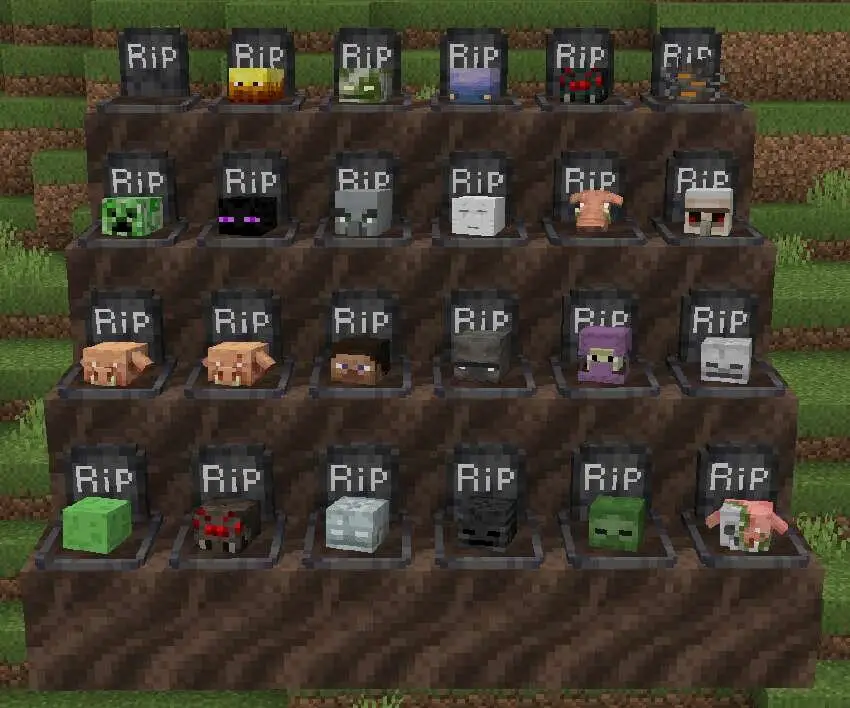 Головы мобов на блоках надгробий