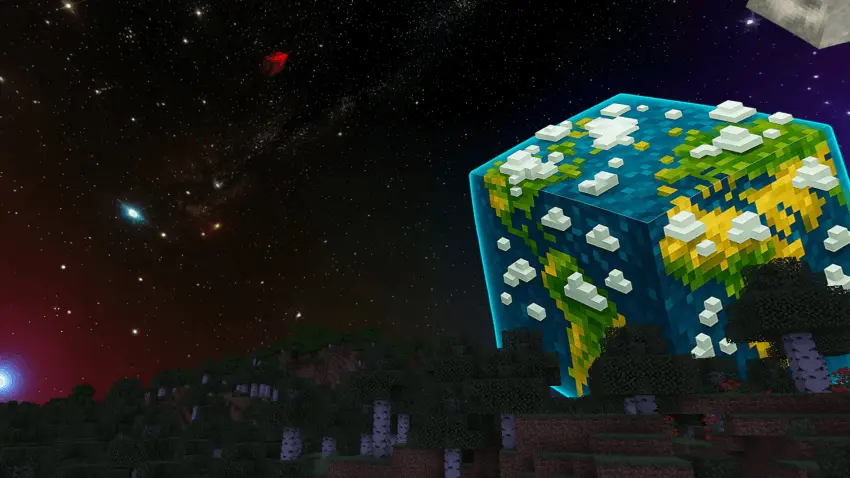 Ночное небо в мише с большой кубической планетой