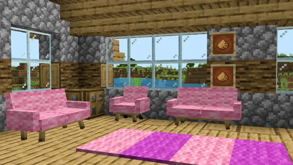 Небольшие розовые диваны в просторной гостиной