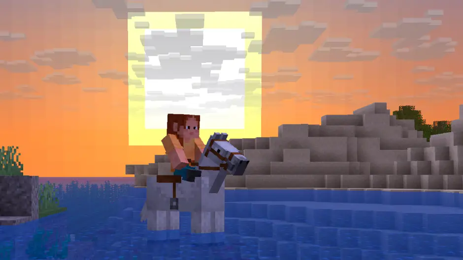 Player riding a horse in water