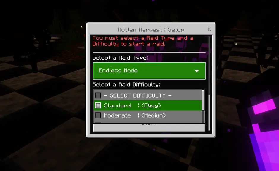 Меню выбора сложности рейда