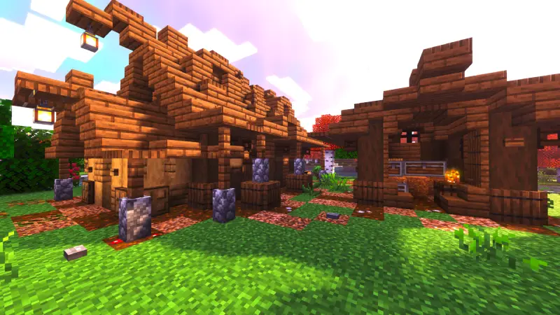 Несколько улучшенных зданий в деревне с жителями