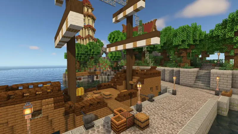 Портовая зона с деревянным кораблем