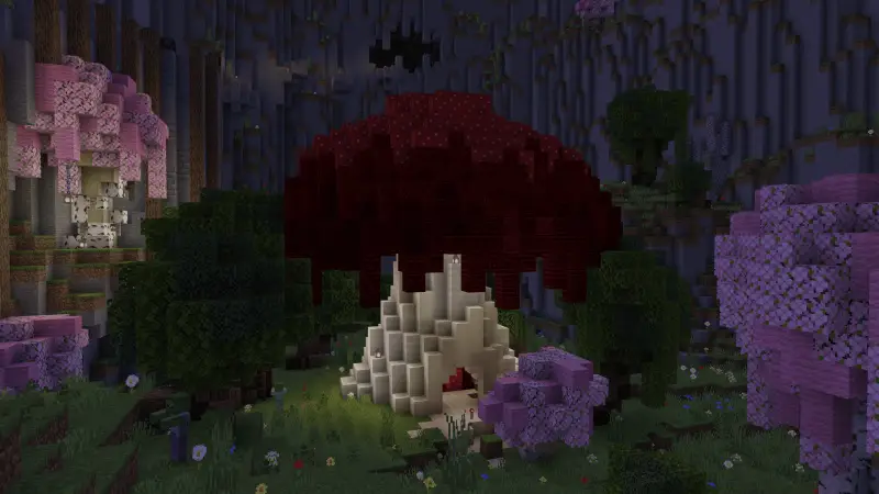 Грибной дом в лесу с вишневыми деревьями