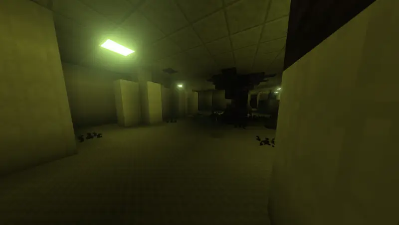 Желтое помещение с тусклым светом и черным существом