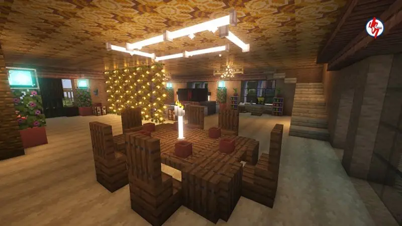 Просторная гостинная из дерева