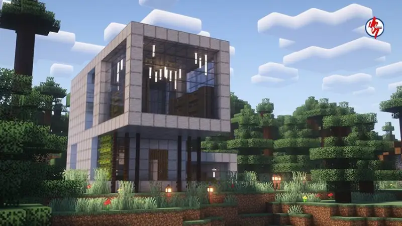 Современный каменный дом с большими окнами