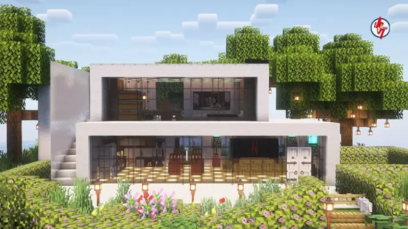 Белый дом с садом и деревьями рядом