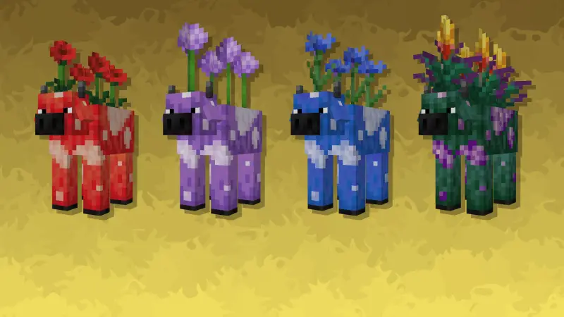 Коровы с маком, лук-батуном, кувшиником и синим цветком на спине