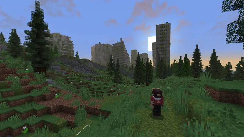 Игрок смотрит на разрушенный город с высокими домами