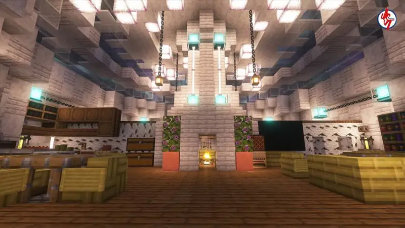 Светлая гостинная с высоким потолком и камином