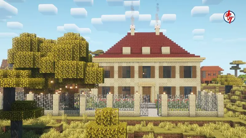 Двухэтажный дом с красной крышей в саванне