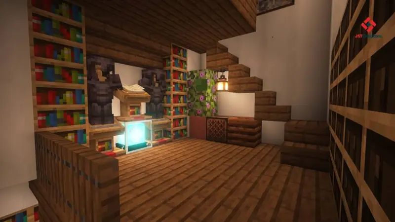 Небольшая комната с лестницей и стендами с броней