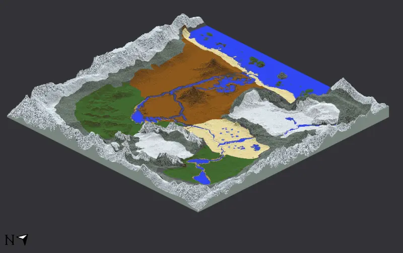 Большая карта с биомами, окруженная горами