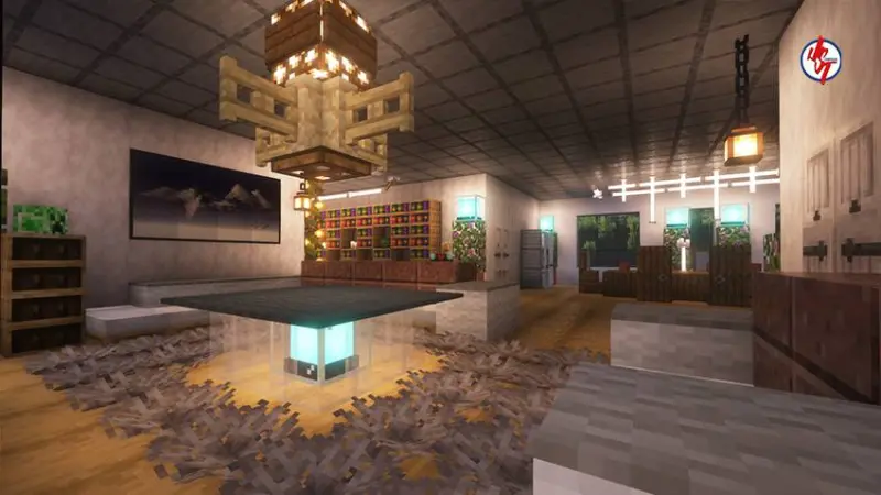 Большая гостиная с яркой люстрой