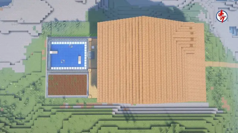 Вид с птичьего полета на дом с бассейном и огородом