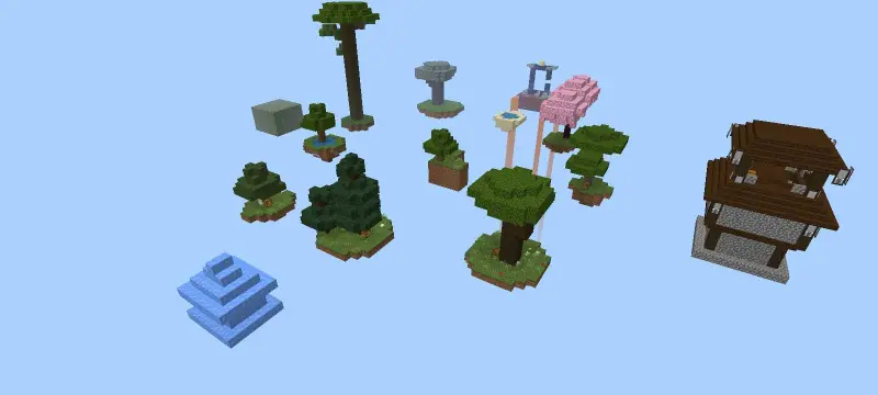 Множество небольших островов с деревьями и структурами