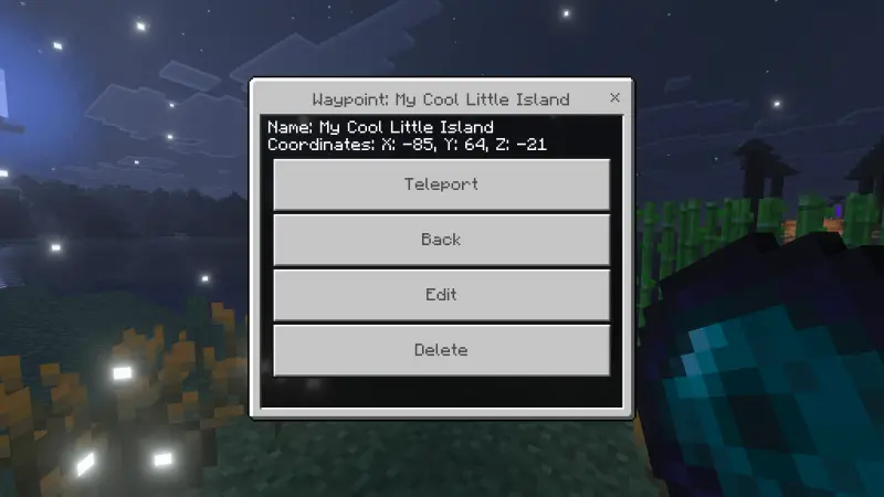 Меню для выбора места телепортации