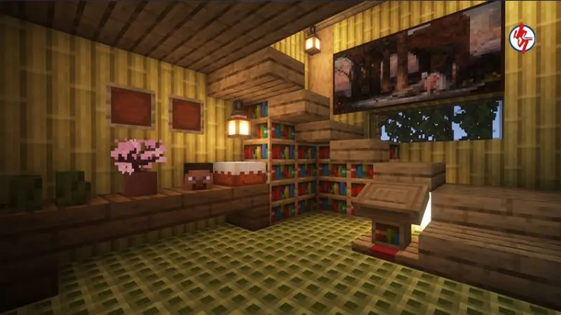 Лестница и книжные полки в бамбуковой комнате