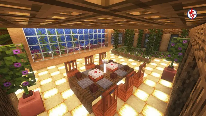 Светлая гостинная с большим аквариумом в стене