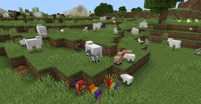 Большое стадо разных овец на лугу