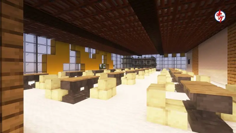 Большой зал с множеством стульев и столов