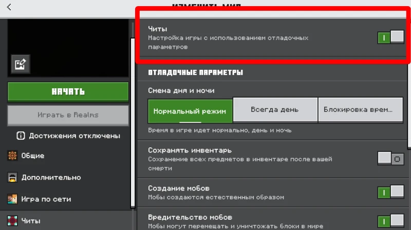 Включение читов в окне создания мира