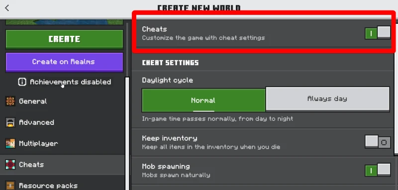 Turning on cheats in the world creation menu