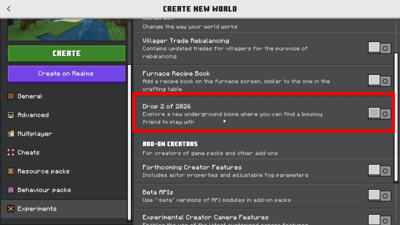 Experiments section in Minecraft