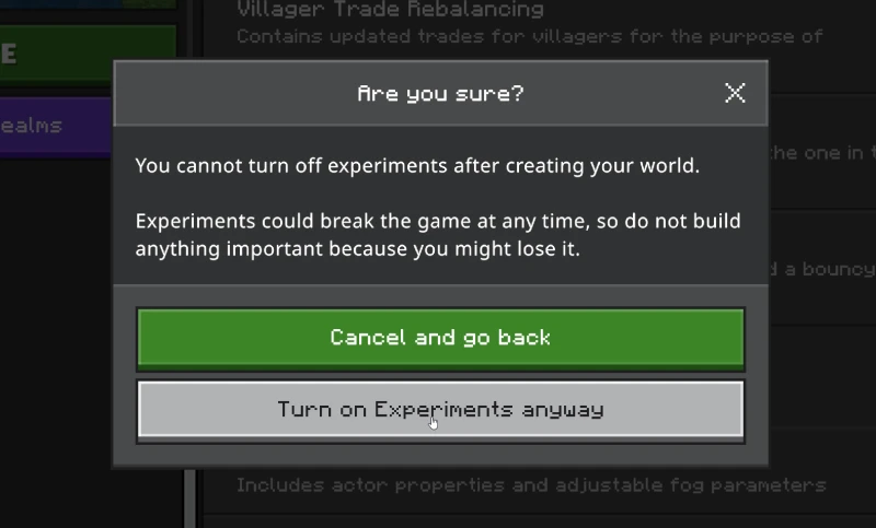 Experimental mode warning screen in Minecraft