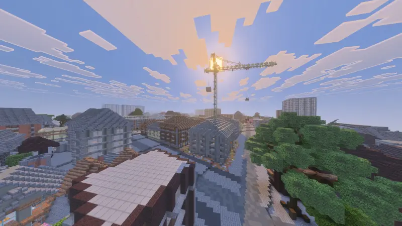 Строительный кран на фоне заката в Minecraft