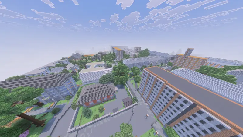 Overhead view of city buildings
