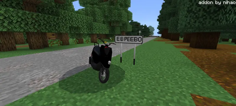 Scooter beside a city name sign